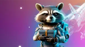 Изображение енота в солнечных очках с скипетром, празднующего с воздушными шарами и золотыми монетами, символизирующее приветственный бонус в Казино Bollywood.